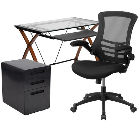 Work From Home Kit - Glass Desk with Keyboard Tray, Ergonomic Mesh Office Chair and Filing Cabinet with Lock & Inset Handles