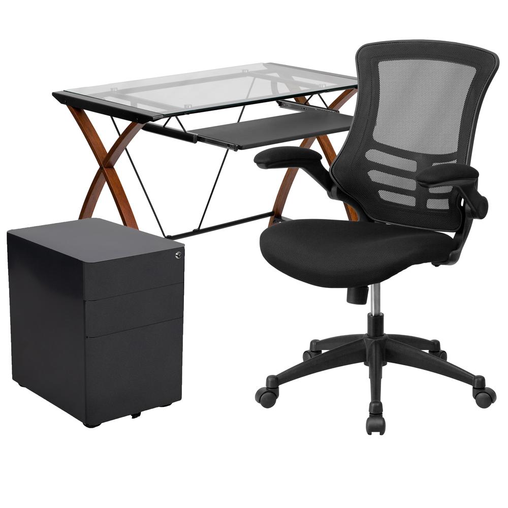 Work From Home Kit - Glass Desk with Keyboard Tray, Ergonomic Mesh Office Chair and Filing Cabinet with Lock & Side Handles