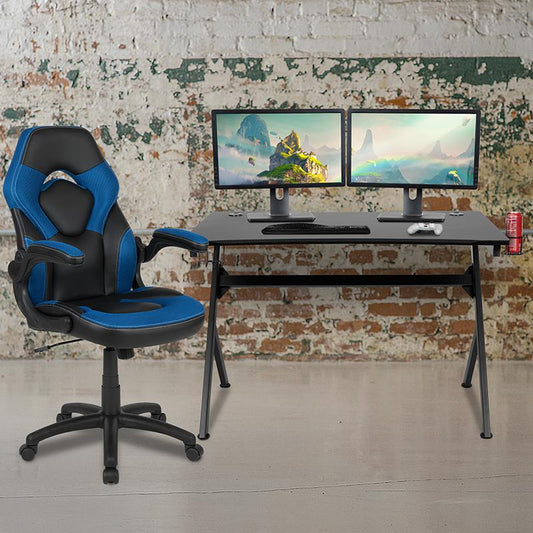 Black Gaming Desk and Blue and Black Racing Chair Set with Cup Holder, Headphone Hook & 2 Wire Management Holes