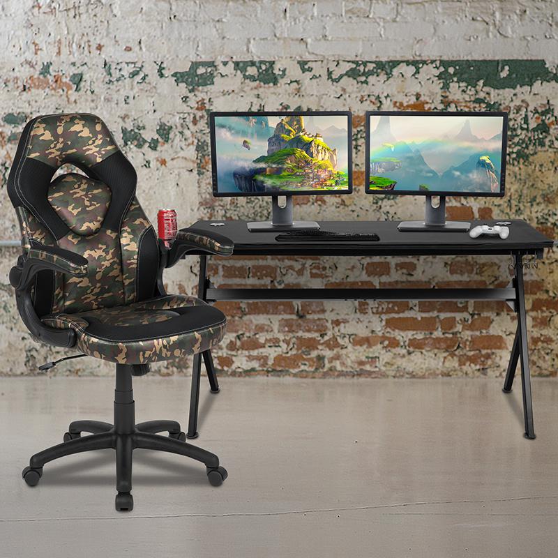 Gaming Desk and Camouflage/Black Racing Chair Set /Cup Holder/Headphone Hook/Removable Mouse Pad Top - 2 Wire Management Holes