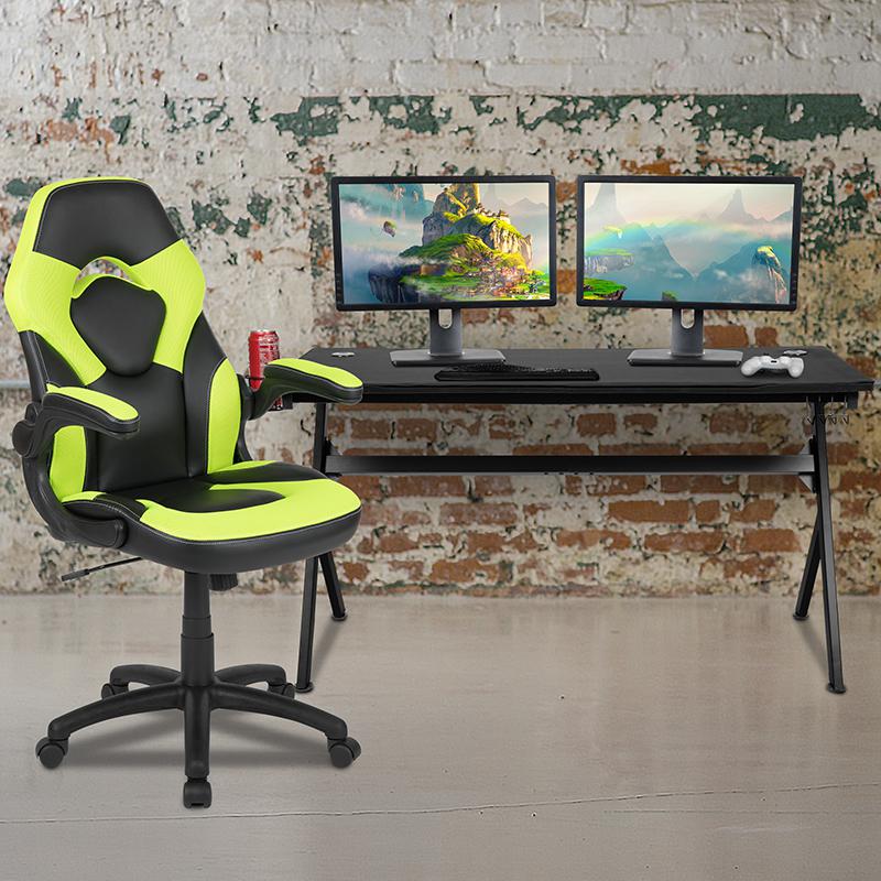 Gaming Desk and Green/Black Racing Chair Set /Cup Holder/Headphone Hook/Removable Mouse Pad Top - 2 Wire Management Holes