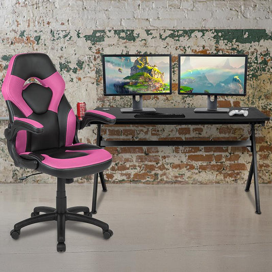 Gaming Desk and Pink/Black Racing Chair Set /Cup Holder/Headphone Hook/Removable Mouse Pad Top - 2 Wire Management Holes