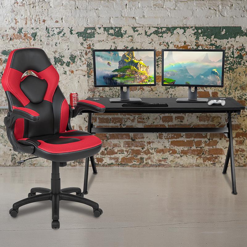 Gaming Desk and Red/Black Racing Chair Set /Cup Holder/Headphone Hook/Removable Mouse Pad Top - 2 Wire Management Holes