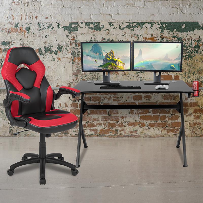 Black Gaming Desk and Red/Black Racing Chair Set with Cup Holder, Headphone Hook & 2 Wire Management Holes