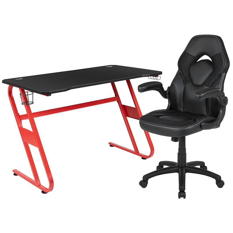 Red Gaming Desk and Black Racing Chair Set with Cup Holder and Headphone Hook