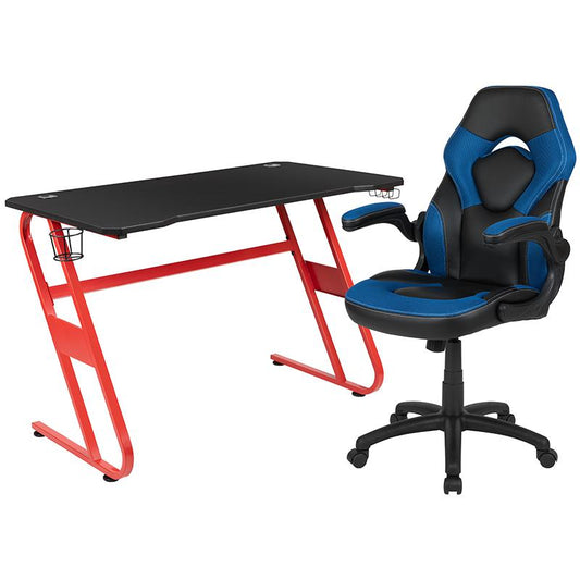 Red Gaming Desk and Blue/Black Racing Chair Set with Cup Holder and Headphone Hook