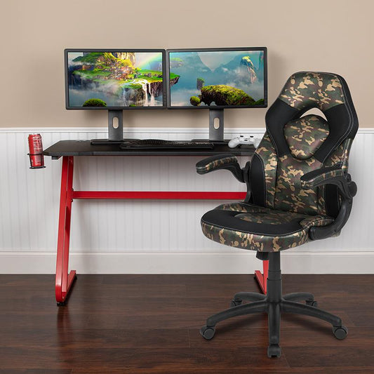 Red Gaming Desk and Camouflage/Black Racing Chair Set with Cup Holder and Headphone Hook