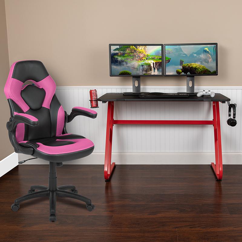 Red Gaming Desk and Pink/Black Racing Chair Set with Cup Holder and Headphone Hook