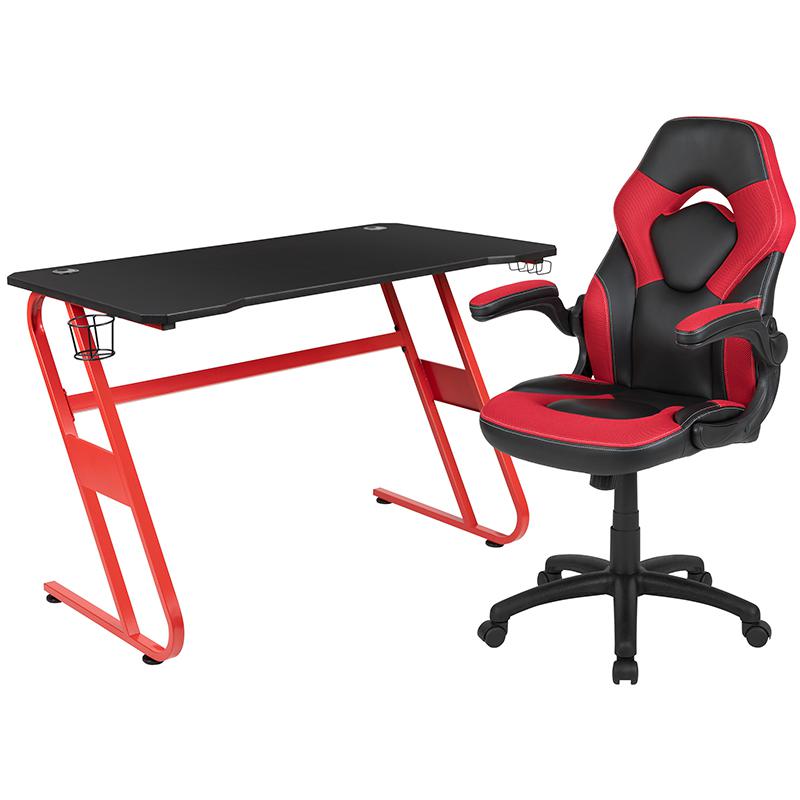 Red Gaming Desk and Red/Black Racing Chair Set with Cup Holder and Headphone Hook