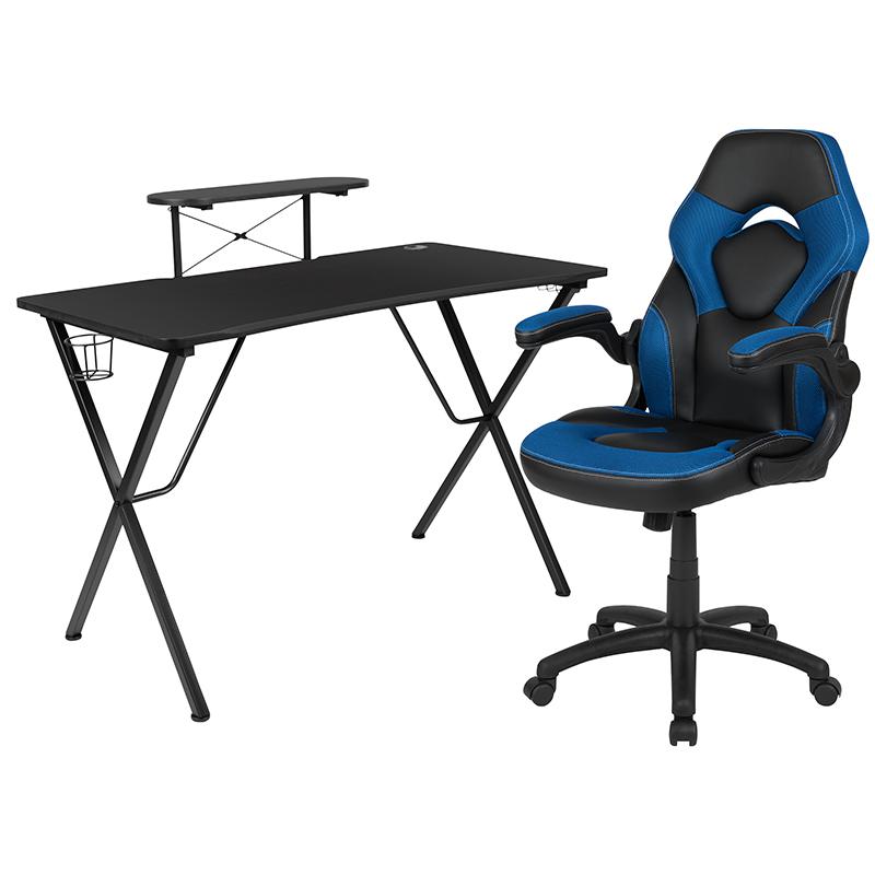 Black Gaming Desk and Blue/Black Racing Chair Set with Cup Holder, Headphone Hook, and Monitor/Smartphone Stand