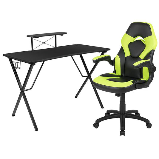 Black Gaming Desk and Green/Black Racing Chair Set with Cup Holder, Headphone Hook, and Monitor/Smartphone Stand