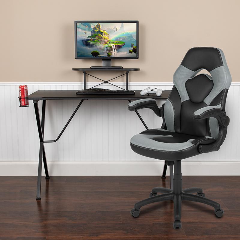 Black Gaming Desk and Gray/Black Racing Chair Set with Cup Holder, Headphone Hook, and Monitor/Smartphone Stand