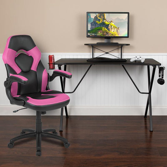 Black Gaming Desk and Pink/Black Racing Chair Set with Cup Holder, Headphone Hook, and Monitor/Smartphone Stand