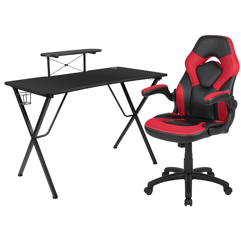 Black Gaming Desk and Red/Black Racing Chair Set with Cup Holder, Headphone Hook, and Monitor/Smartphone Stand