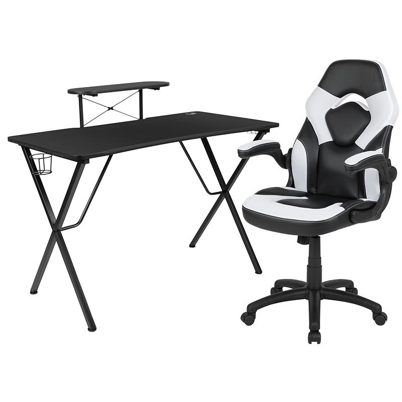 Black Gaming Desk and White/Black Racing Chair Set with Cup Holder, Headphone Hook, and Monitor/Smartphone Stand