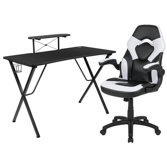 Black Gaming Desk and White/Black Racing Chair Set with Cup Holder, Headphone Hook, and Monitor/Smartphone Stand