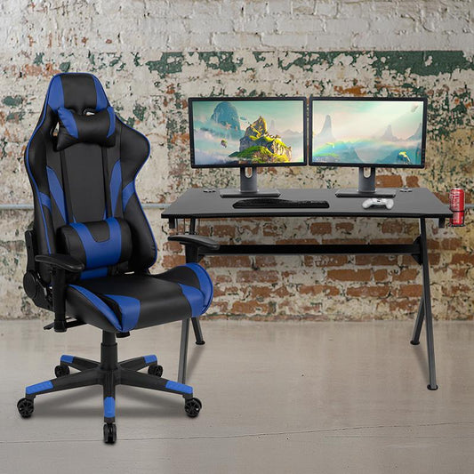 Black Gaming Desk and Blue/Black Reclining Gaming Chair Set with Cup Holder, Headphone Hook & 2 Wire Management Holes