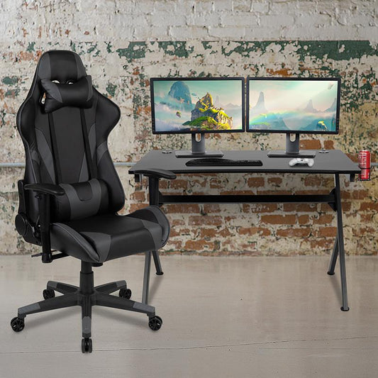 Black Gaming Desk and Gray/Black Reclining Gaming Chair Set with Cup Holder, Headphone Hook & 2 Wire Management Holes