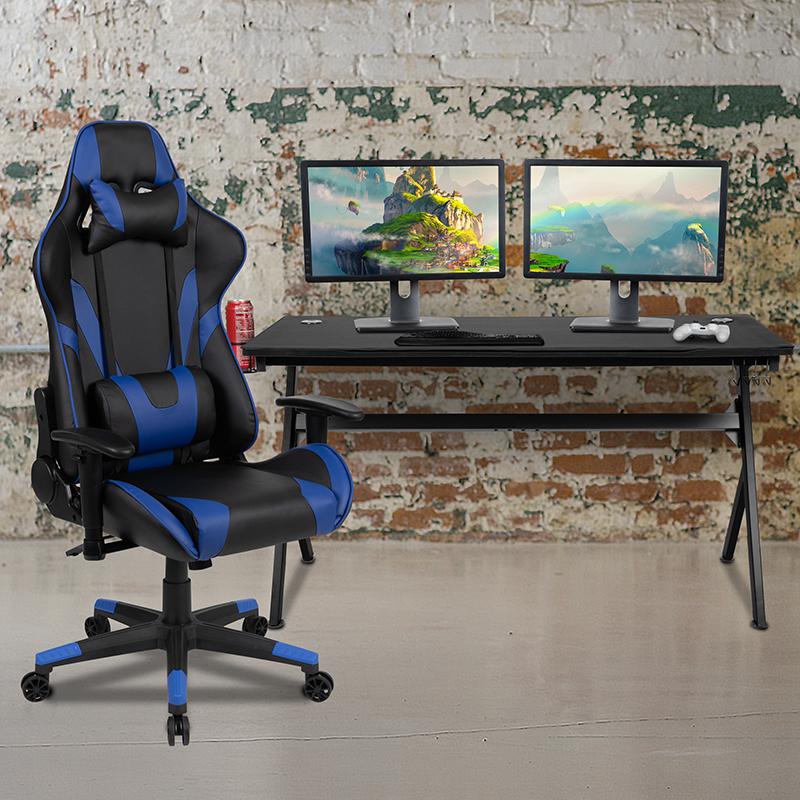 Gaming Desk and Blue/Black Reclining Gaming Chair Set /Cup Holder/Headphone Hook/Removable Mouse Pad Top - Wire Management