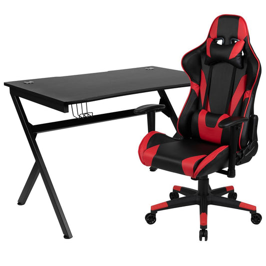 Black Gaming Desk and Red/Black Reclining Gaming Chair Set with Cup Holder, Headphone Hook & 2 Wire Management Holes