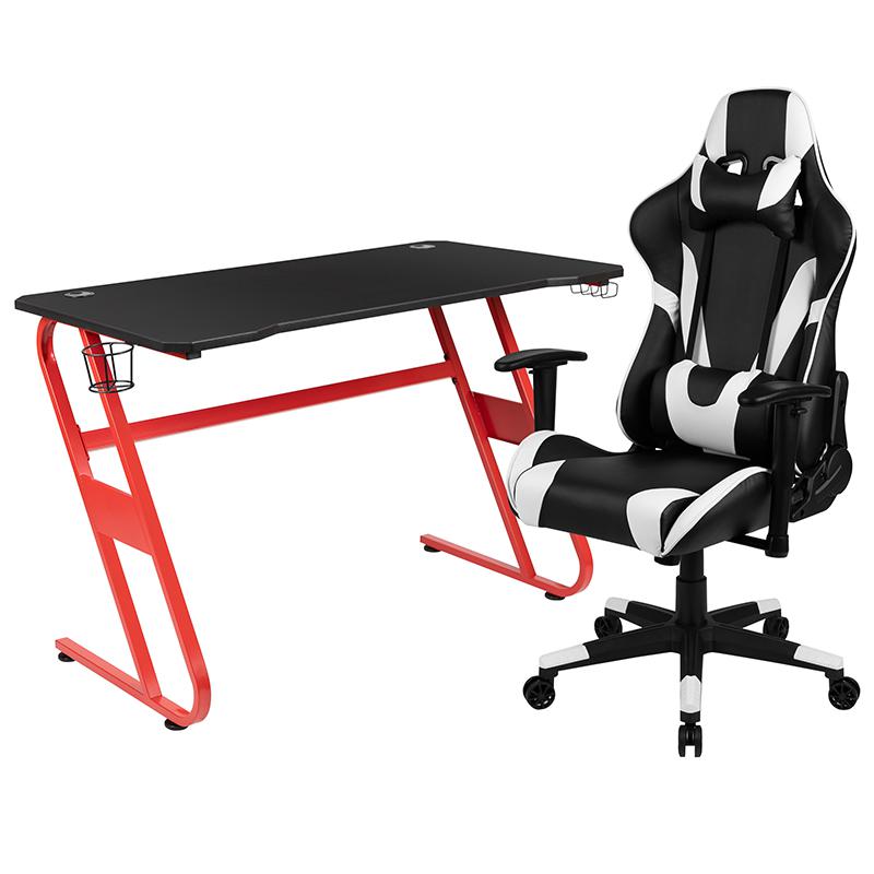 Red Gaming Desk and Black Reclining Gaming Chair Set with Cup Holder and Headphone Hook