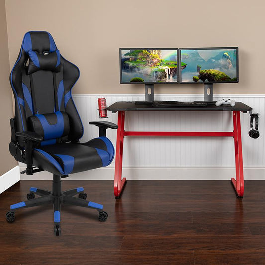 Red Gaming Desk and Blue Reclining Gaming Chair Set with Cup Holder and Headphone Hook