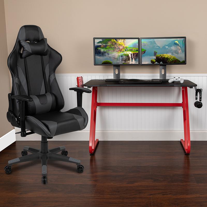 Red Gaming Desk and Gray Reclining Gaming Chair Set with Cup Holder and Headphone Hook