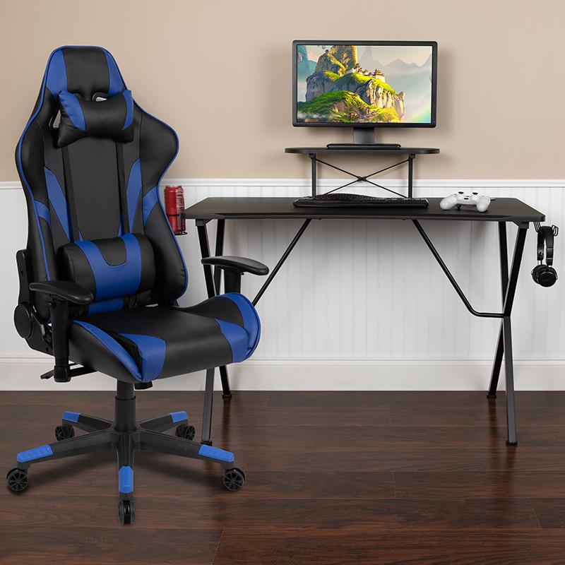 Black Gaming Desk and Blue Reclining Gaming Chair Set with Cup Holder, Headphone Hook, and Monitor/Smartphone Stand