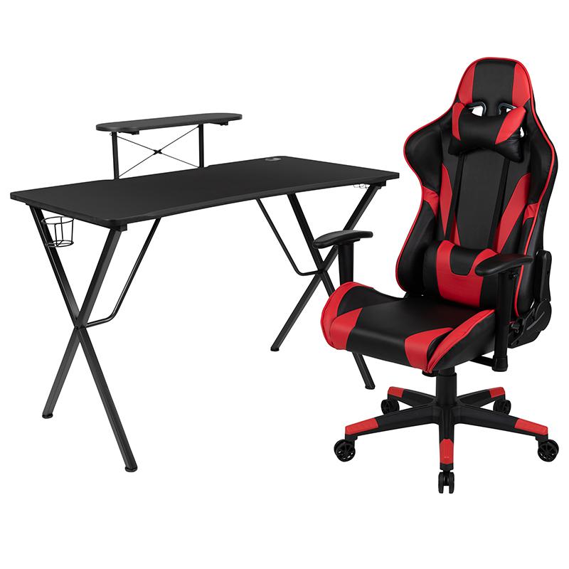 Black Gaming Desk and Red/Black Reclining Gaming Chair Set with Cup Holder, Headphone Hook, and Monitor/Smartphone Stand