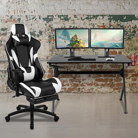 Black Gaming Desk and Black Footrest Reclining Gaming Chair Set with Cup Holder, Headphone Hook & 2 Wire Management Holes