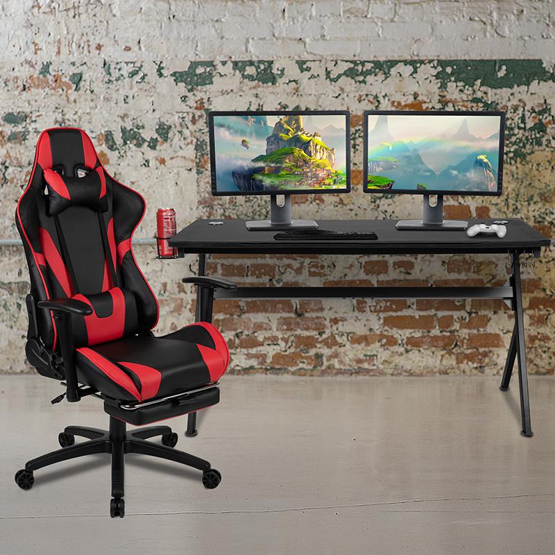 Gaming Desk and Red Footrest Reclining Gaming Chair Set - Cup Holder/Headphone Hook/Removable Mouse Pad Top/Wire Management