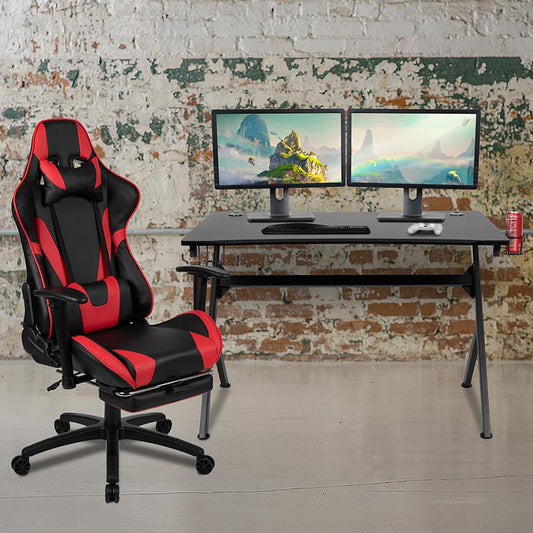 Black Gaming Desk and Red/Black Footrest Reclining Gaming Chair Set with Cup Holder, Headphone Hook & 2 Wire Management Holes