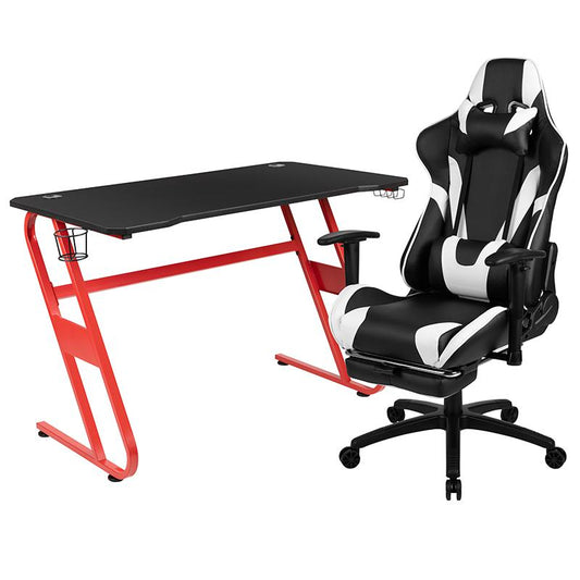 Red Gaming Desk and Black Footrest Reclining Gaming Chair Set with Cup Holder and Headphone Hook