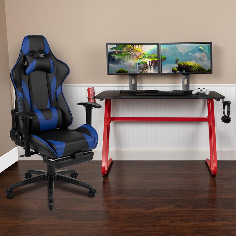 Red Gaming Desk with Cup Holder/Headphone Hook & Blue Reclining Gaming Chair with Footrest