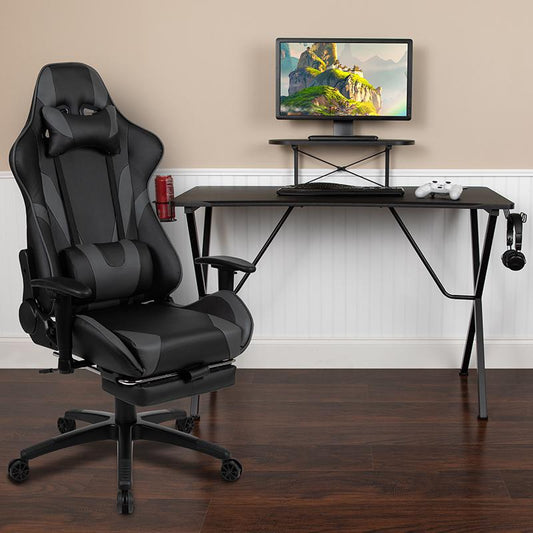 Black Gaming Desk with Cup Holder/Headphone Hook and Monitor/Smartphone Stand & Gray Reclining Gaming Chair with Footrest