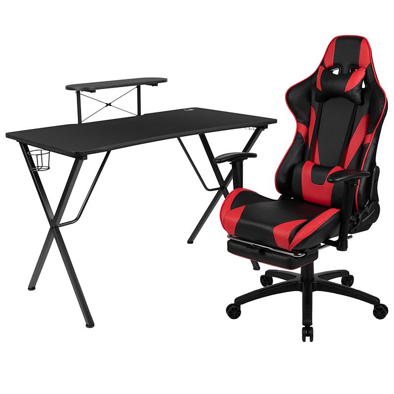 Black Gaming Desk and Red/Black Footrest Reclining Gaming Chair Set with Cup Holder, Headphone Hook, & Monitor/Smartphone Stand