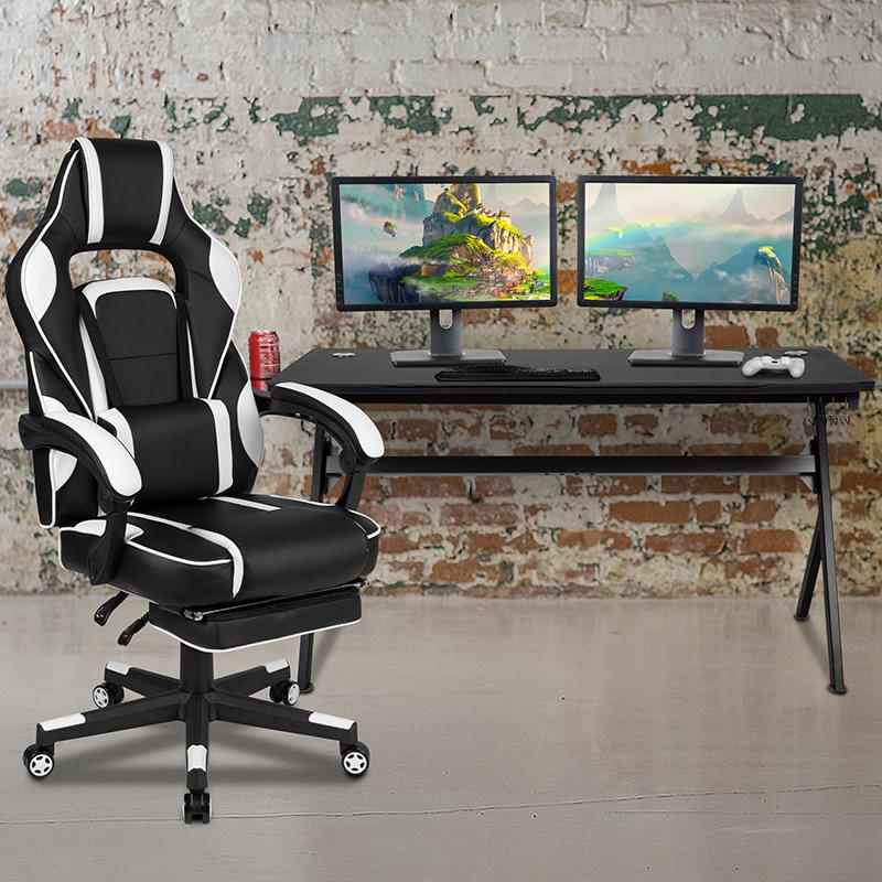 Gaming Desk with Cup Holder/Headphone Hook/Removable Mousepad Top & White Reclining Back/Arms Gaming Chair with Footrest