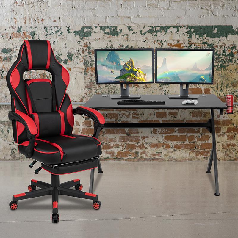 Black Gaming Desk with Cup Holder/Headphone Hook/2 Wire Management Holes & Red Reclining Back/Arms Gaming Chair with Footrest