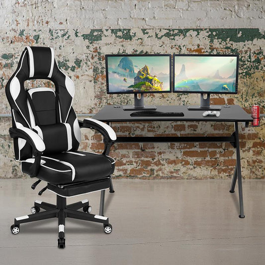 Black Gaming Desk with Cup Holder/Headphone Hook/2 Wire Management Holes & White Reclining Back/Arms Gaming Chair with Footrest