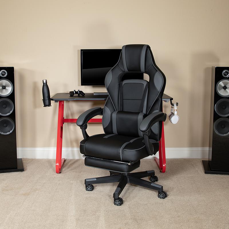 Red Gaming Desk with Cup Holder/Headphone Hook & Black Reclining Back/Arms Gaming Chair with Footrest