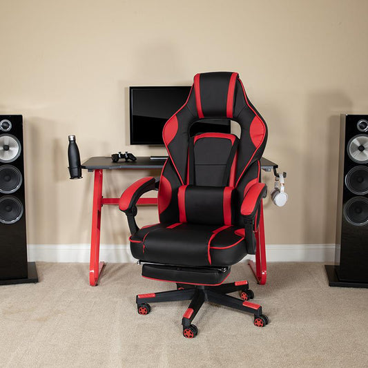 Red Gaming Desk with Cup Holder/Headphone Hook & Red Reclining Back/Arms Gaming Chair with Footrest