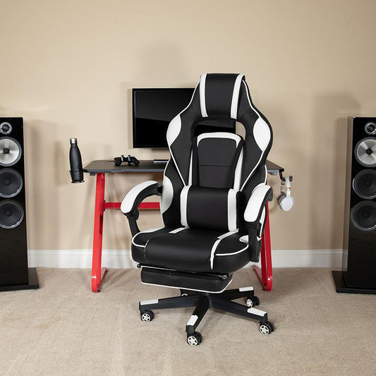 Red Gaming Desk with Cup Holder/Headphone Hook & White Reclining Back/Arms Gaming Chair with Footrest