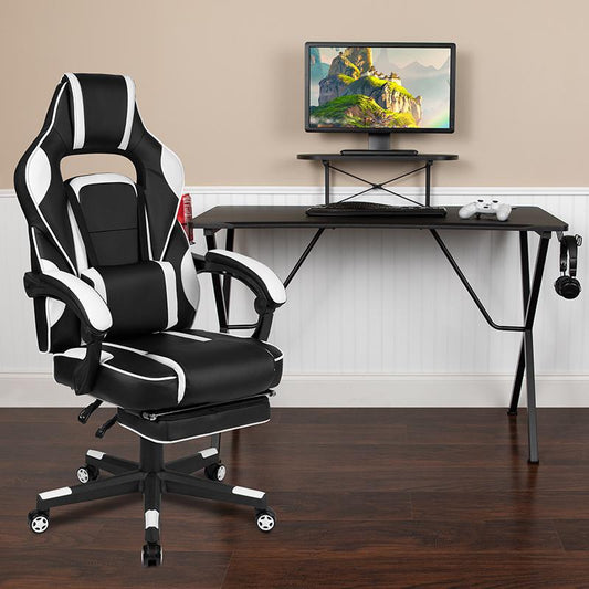 Black Gaming Desk with Cup Holder/Headphone Hook/Monitor Stand & White Reclining Back/Arms Gaming Chair with Footrest