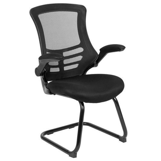 Black Mesh Sled Base Side Reception Chair w/ Flip-Up Arms