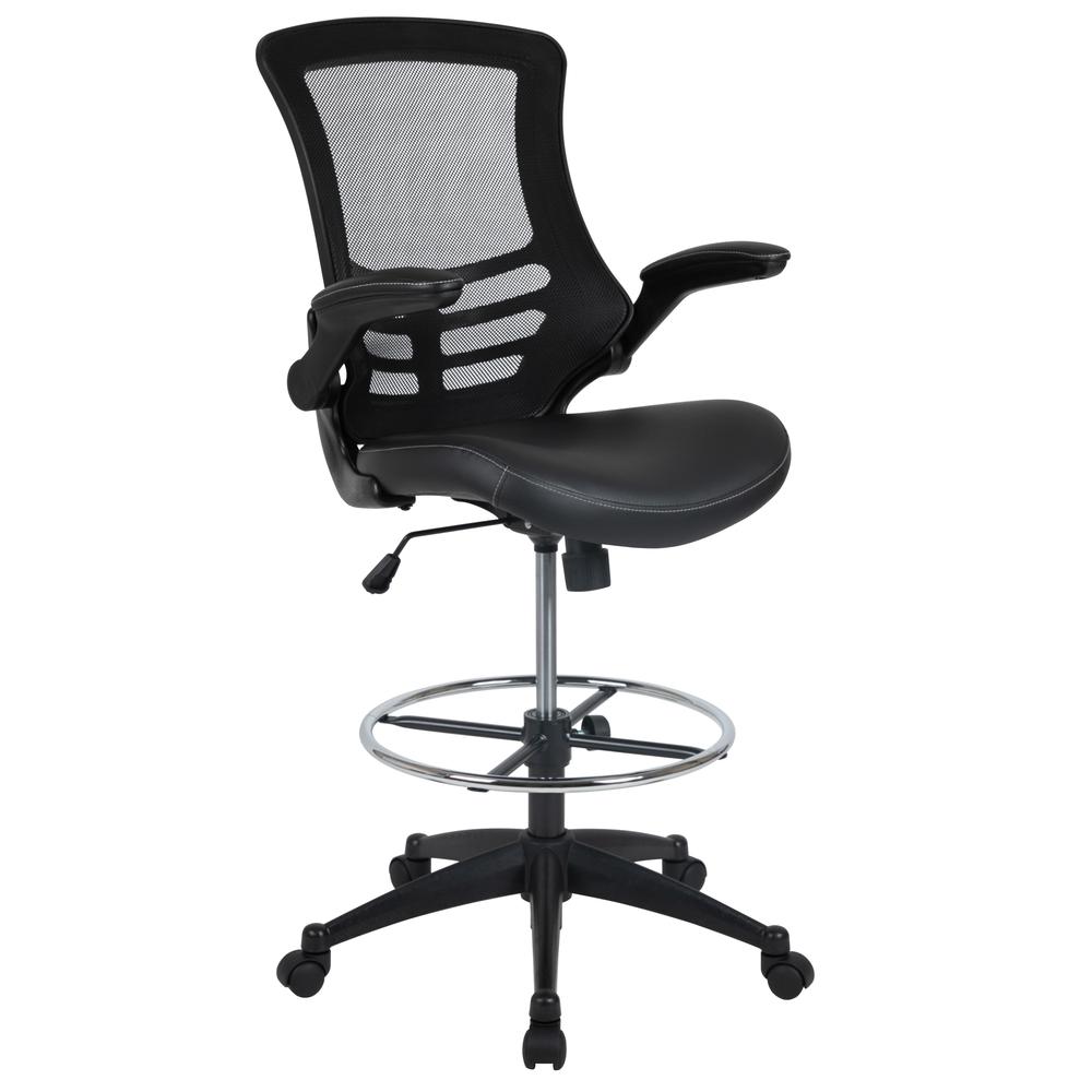 Mid-Back Black Mesh Ergonomic Drafting Chair with LeatherSoft Seat, Adjustable Foot Ring and Flip-Up Arms