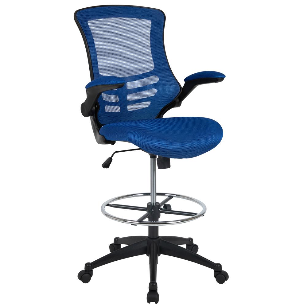 Mid-Back Blue Mesh Ergonomic Drafting Chair with Adjustable Foot Ring and Flip-Up Arms