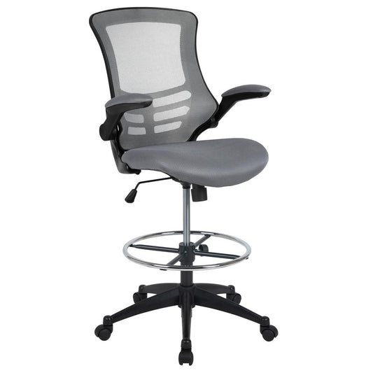 Mid-Back Dark Gray Mesh Ergonomic Drafting Chair with Adjustable Foot Ring and Flip-Up Arms