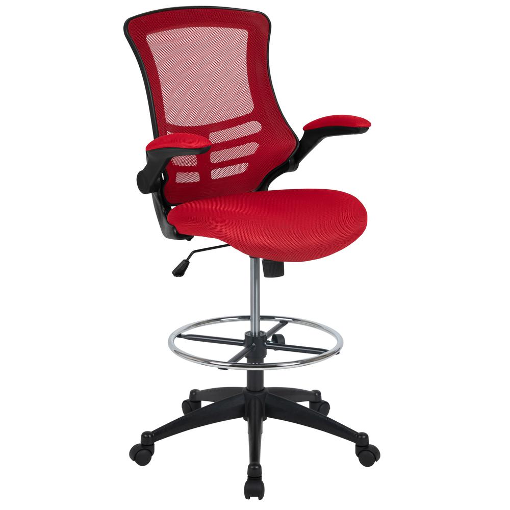 Mid-Back Red Mesh Ergonomic Drafting Chair with Adjustable Foot Ring and Flip-Up Arms