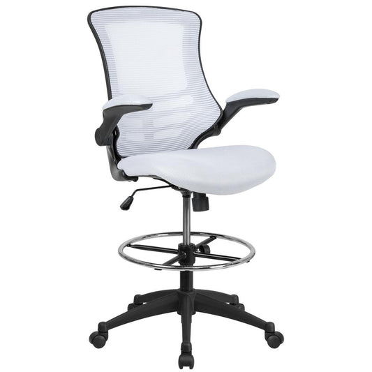 Mid-Back White Mesh Ergonomic Drafting Chair with Adjustable Foot Ring and Flip-Up Arms