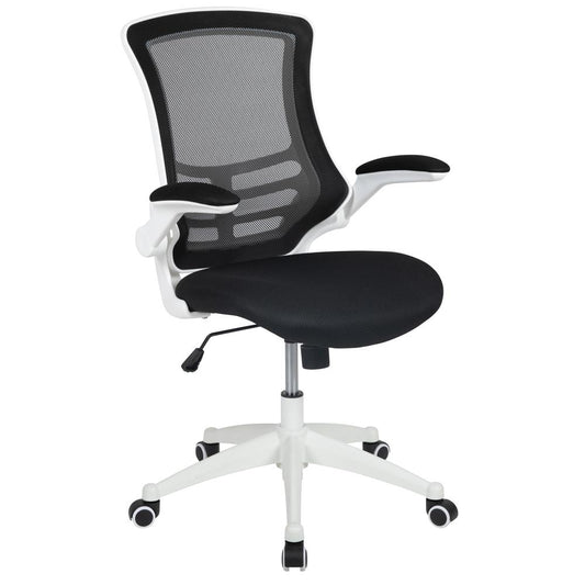 Mid-Back Black Mesh Swivel Ergonomic Task Office Chair with White Frame and Flip-Up Arms